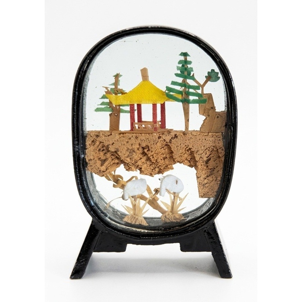 Vintage Chinese Carved Cork Landscape Diorama, Cranes, Pagoda, Black Frame, 3.5"
